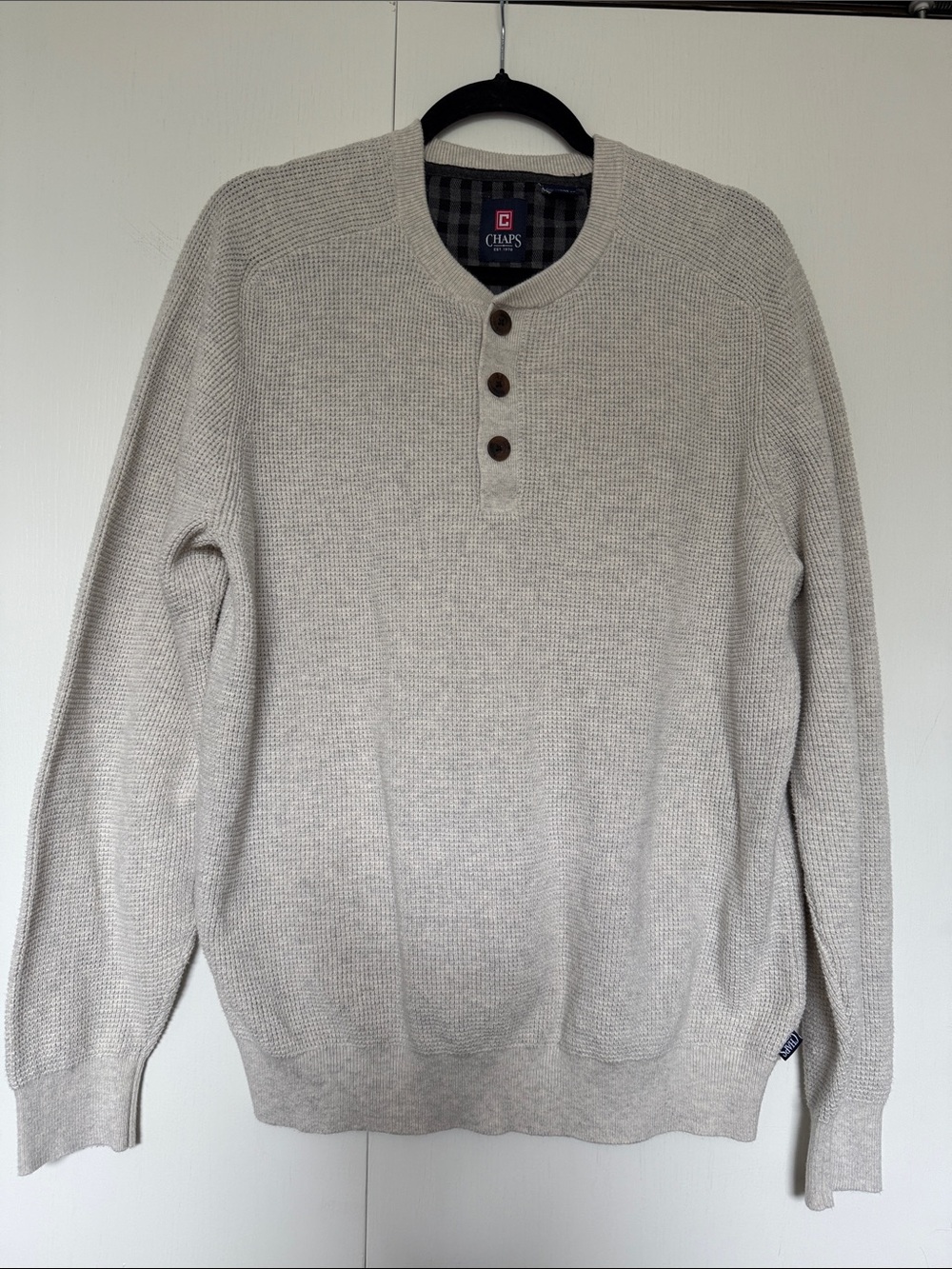 Chaps Men's Cream Crewneck Henley Waffle Knit Sweater